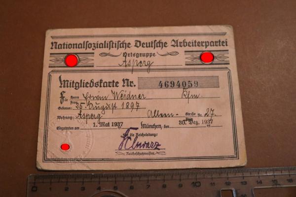 alte Mitgliedskarte NSDAP Nr. 4694059  München 1937